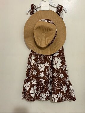 New Rachel Zoe Tan Straw Sun Hat with Brown and White Floral Accent dress.